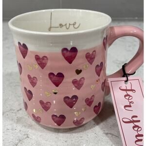 “LOVE” inside Gold & Pink Hearts 18oz Mug Sheffield Valentines Day Stoneware